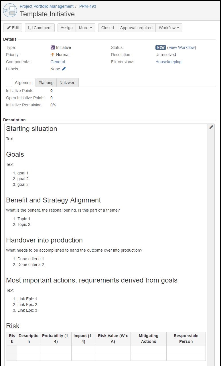 Description structure of an initiative in Atlassian Jira